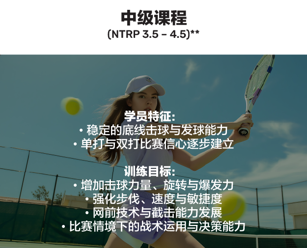 中级课程（NTRP 3.5 – 4.5）。学员特征：稳定的底线击球与发球能力、单打与双打比赛信心逐步建立。训练目标：增加击球力量、旋转与爆发力，强化步伐、速度与敏捷度，网前技术与截击能力发展，比赛情境下的战术运用与决策能力。