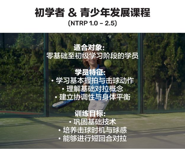 初学者 & 青少年发展课程（NTRP 1.0 – 2.5）。适合对象：零基础至初级学习阶段的学员。学员特征：学习基本握拍与击球动作、理解基础对拉概念、建立协调性与身体平衡。训练目标：巩固基础技术、培养击球时机与球感、能够进行短回合对拉。