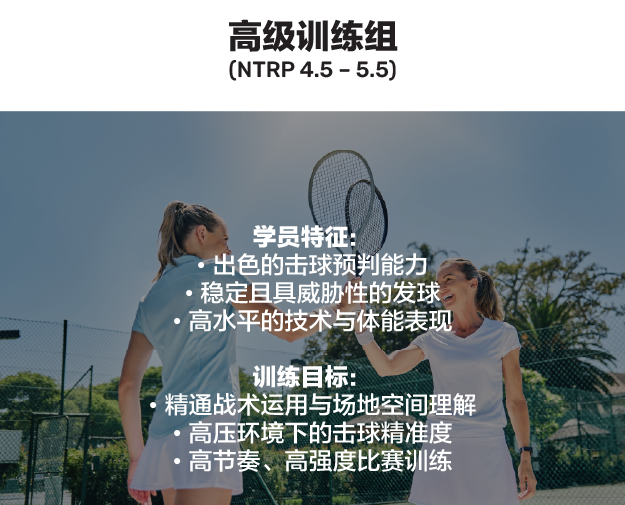 高级训练组（NTRP 4.5 – 5.5）。学员特征：出色的击球预判能力、稳定且具威胁性的发球、高水平的技术与体能表现。训练目标：精通战术运用与场地空间理解、高压环境下的击球精准度、高节奏与高强度比赛训练。